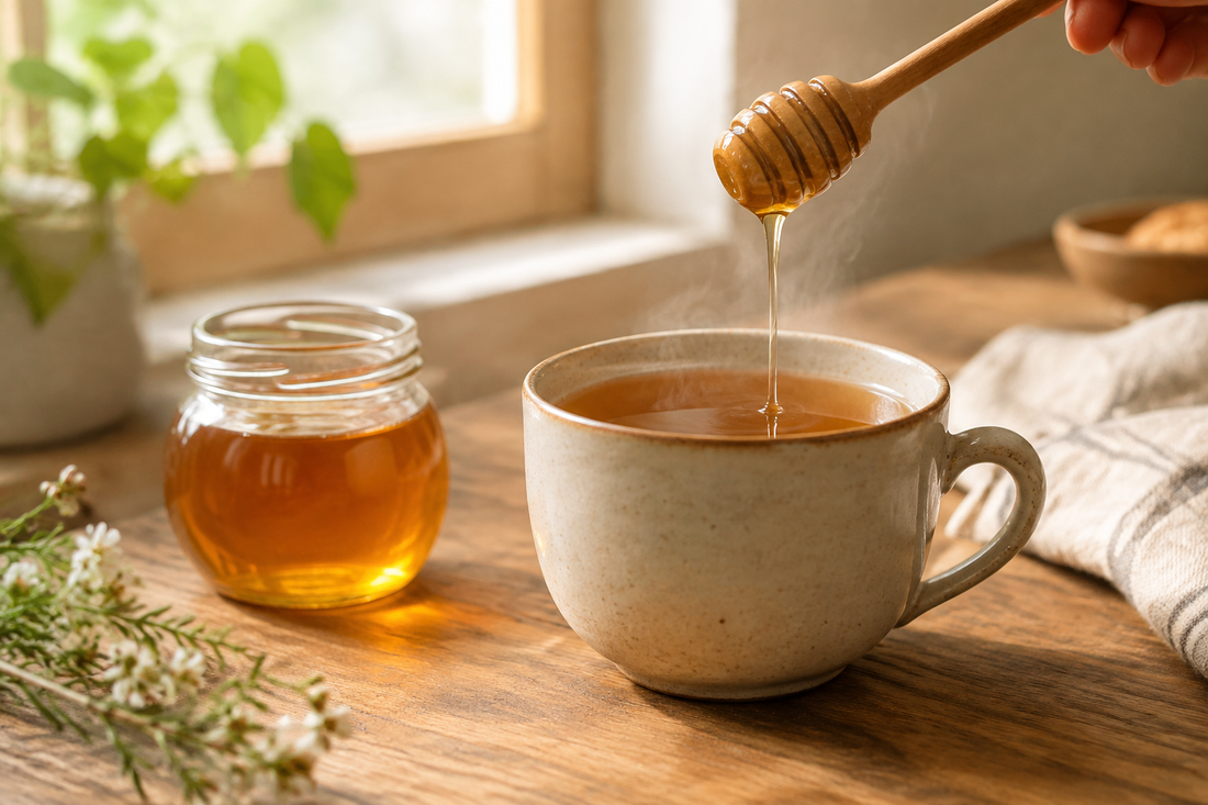 Golden honey drizzled into a cup of warm tea beside a glass honey jar
